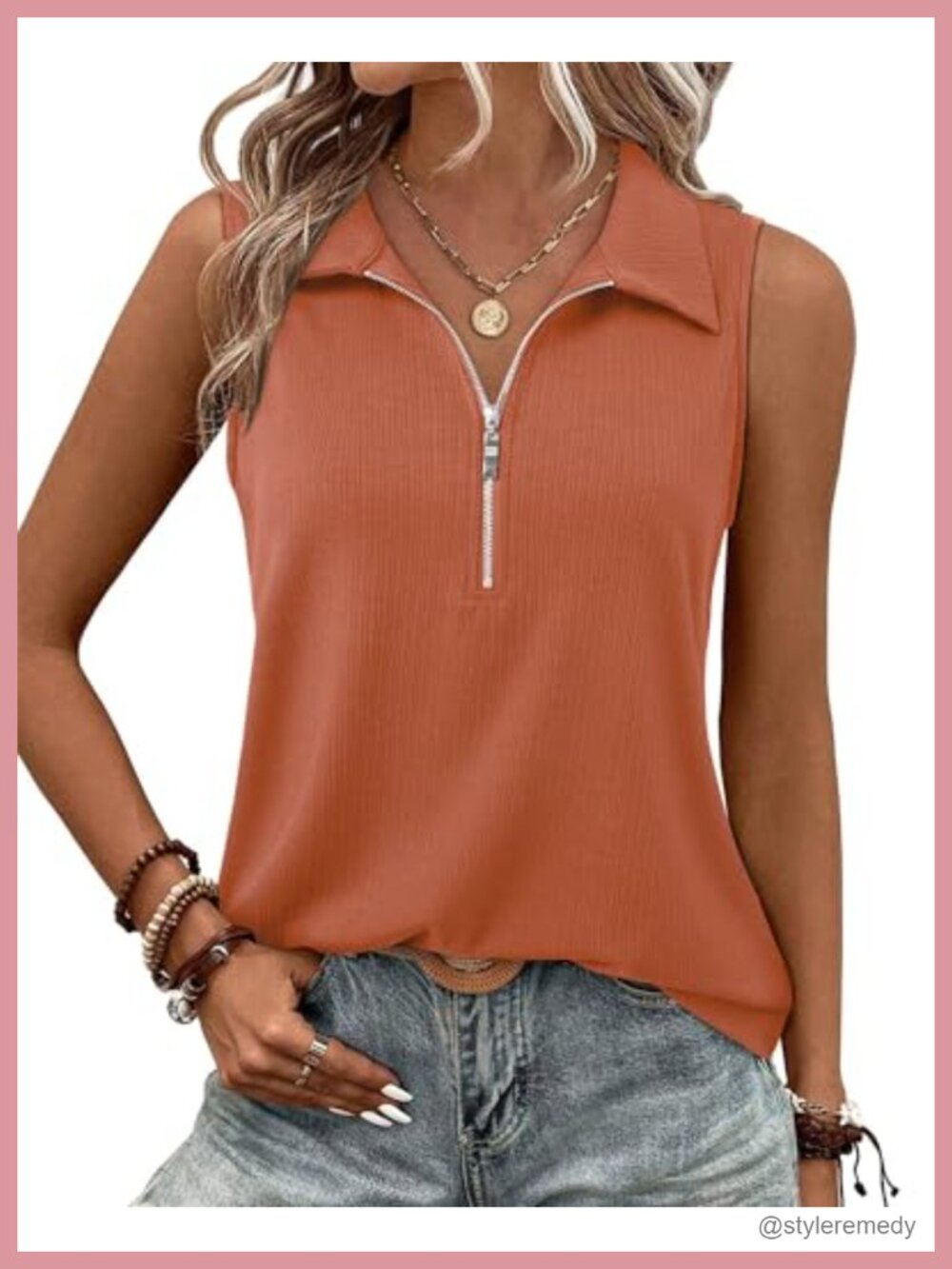 Ribbed Tank Top Zip V Neck Sleeveless Casual Work Tunic